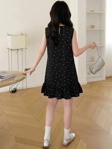 SHEIN Teen Girls Leopard Floral Print Round Neck Sleeveless Ruffle Hem Casual Summer Dress - Black - View 2