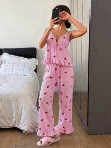 Napfluff Conjunto de pijama para mujer, camiseta de tirantes con volantes y cuello en V con cordón y estampado de corazones a rayas rosa primaveral, y pantalón de estar por casa - Rosa - Ver 4