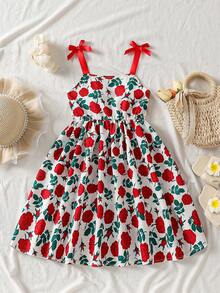 SHEIN 1 pieza Vestido elegante rosa para niñas, estampado floral de rosa, vestido corte evasé con tirantes de lazo, adecuado para vacaciones, escuela y salidas en verano - Rojo - Ver 3