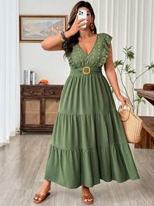 Weeklong Plus Size Women's Long Dress, V-Neck, Ruffle Sleeves, Side Slit, Beach Formal Vacation Vacation Style, Solid Color Sage Green Summer Casual - Army Green - View 4