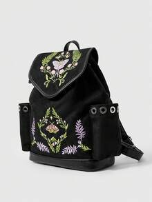 ROMWE Fairycore Balo thêu phong cách phù thủy Gothic họa tiết mặt trăng, sâu, cây dương xỉ, chiết xuất thực vật, bằng da lộn, dây rút, tua rua, túi đi học - Hoa thêu màu - Xem 2