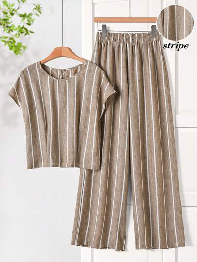 Rusticease Khaki Brown Stripes Women's Striped Round Neck Shirt And Wide Leg Pants Casual 2 Pieces Set Summer Outfits  Festival Outfit Women Going Out Outfits Elegant  Holiday Outfits  Summer Outfit For Women Summer Holiday Outfits  Elegant Women's Set Casual Sets For Women