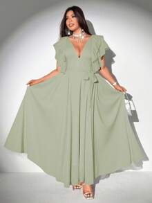 Viva Relle Đầm chiffon dáng chữ A thanh lịch, lãng mạn, cổ chữ V buộc dây, tay bồng dành cho phụ nữ cỡ lớn - màu xanh lá - Xem 5