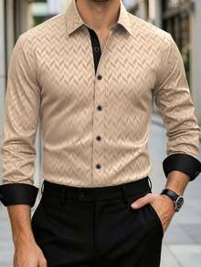 Manfinity Mode Men's Geometric Diamond-Textured Casual Shirt,Khaki,Autumn,Safari,Office Business Style Long Sleeve Button Placket Collar Shirts - Apricot - View 3