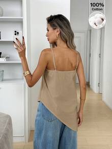 Easowa Áo hai dây nữ màu trơn, xẻ tà bất đối xứng. - Màu Khaki - Xem 4