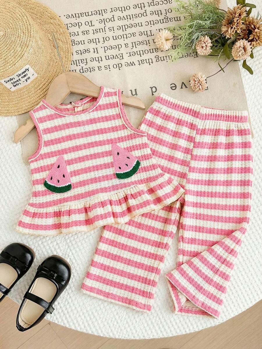 SHEIN LMoss Kids 女婴条纹圆领上衣和宽松休闲裤两件套 - 彩色 - 查看 1