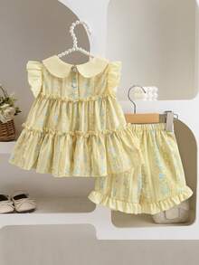 SHEIN Glamorique Kids 女婴优雅可爱刺绣荷叶边领背心短裤套装，适合夏季日常外出、度假、公园活动。 - 黃色 - 查看 3