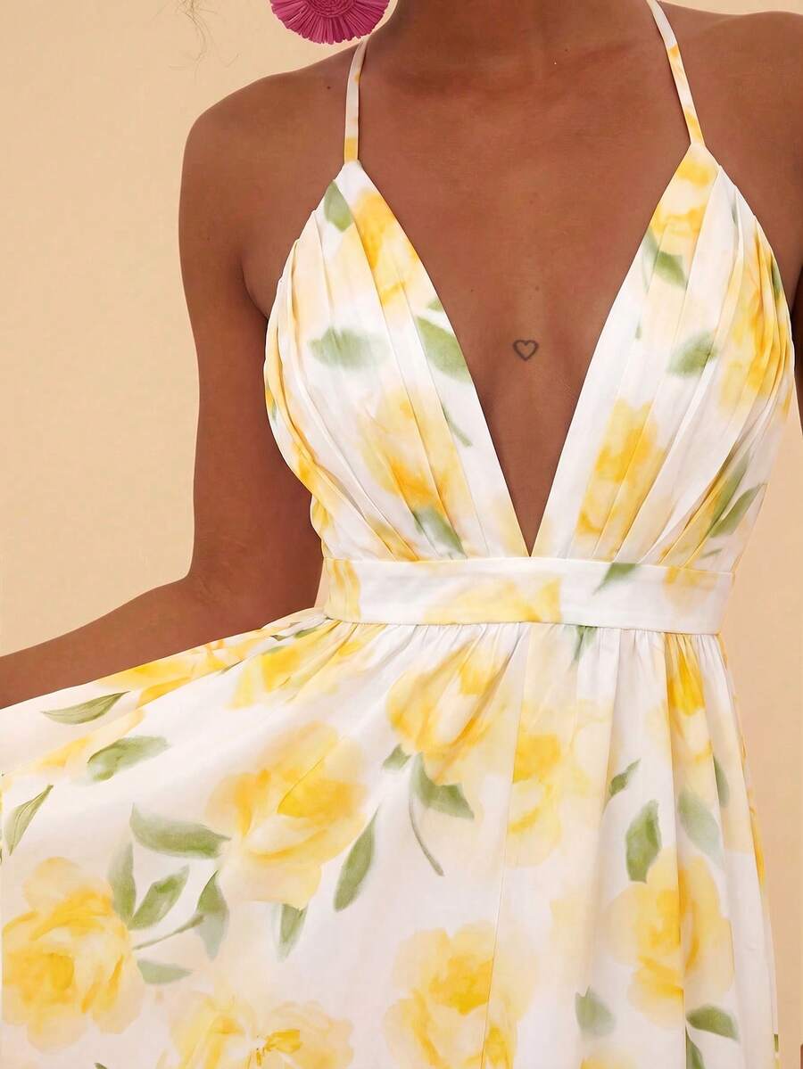 Travachic Mother's Day Tropical Floral Printed Spaghetti Strap Backless Dresses For Women,White And Yellow Summer Boho Garden Party Holiday Beach Rave Festival - Pale Yellow - View 1