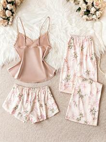 LuxeNights Bộ đồ ngủ satin in họa tiết hoa - Rượu sâm banh - Xem 3
