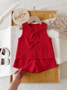 Babygirl Cute Summer Pink Striped Bow Decor Camisole & Elastic Waist Shorts Set - Red - View 5
