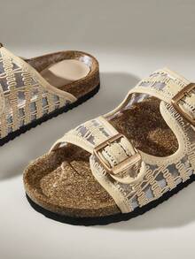 Solecia Sandal Wanita Berenda Jala Berongga dengan Dua Kancing, Sandal Terbuka Bersol Datar Bergaya Retro Bernapas dan Serbaguna untuk Musim Panas - Aprikot mesh tinggi - View 5