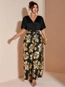 Cravure Plus Size Off-Shoulder Fitted Top With Foil Splicing & Wide Leg Pants Jumpsuit - Black - View 6