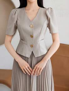 DAZY Elegant Spring/Summer Fitted Short Blazer & Long Pleated Skirt Suit Set For Women, Apricot Color - Apricot - View 5