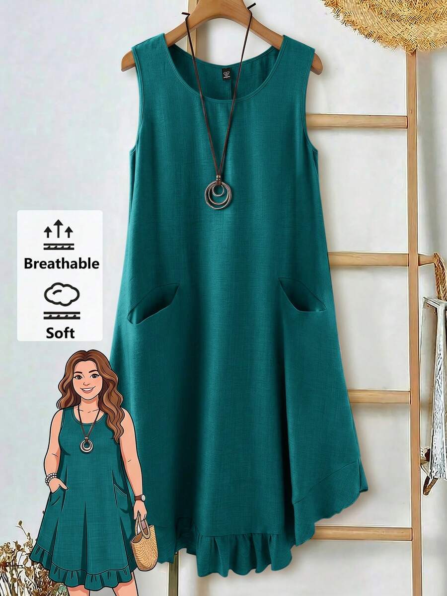 Rusticease Plus Size Solid Color Round Neck Pocket Sleeveless Casual Summer Dress - Mint Blue - View 1