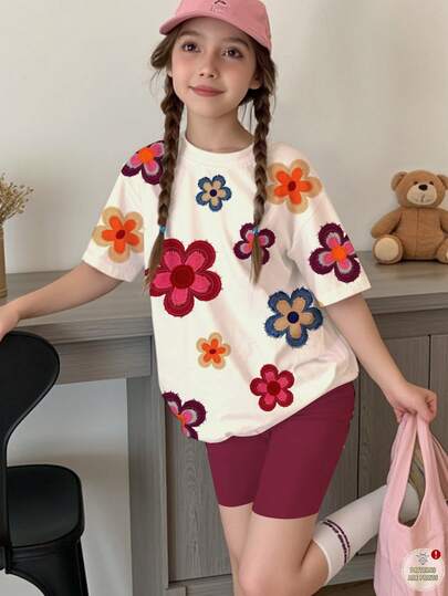 Tween Girls' Casual Minimalist Creative Cute Polka Dot Textured Floral, Retro Red, Short Sleeve T-Shirt And Shorts 2-Piece Set, Suitable For Summer