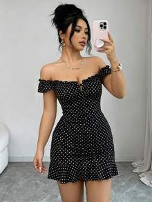 Elegante y sexy vestido ajustado con estampado floral francés y volantes en el bajo, adecuado para citas, vacaciones y uso diario - Negro - Ver 3