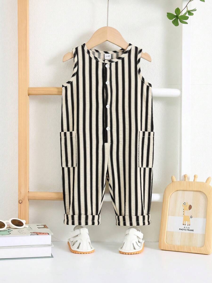 SHEIN 新生男宝宝夏季可爱休闲棕色纱布连体衣,适合海滩、户外玩耍 - 彩色 - 查看 1