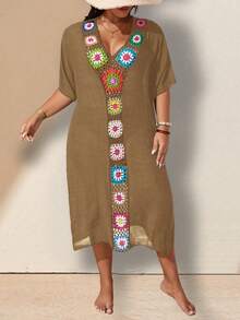 Swim Lushoire Plus Size Women Hand Crocheted Cover-Up - Coffee Brown - View 6