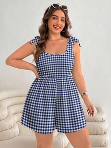 Solflare Plus Size Vacation Style Tie-Up Bow Jumpsuit, Spring/Summer - Blue - View 5