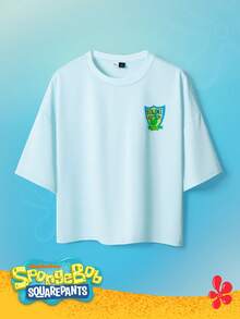 SpongeBob SquarePants | SHEIN TOKVUE 男士圆领卡通字母印花休闲百搭日常穿搭T恤 - 淺藍色 - 查看 2