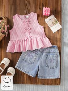 SHEIN Young Girls' Round Neck Sleeveless Ruffle Bow Decor Summer T-Shirt Set - Pink - View 4