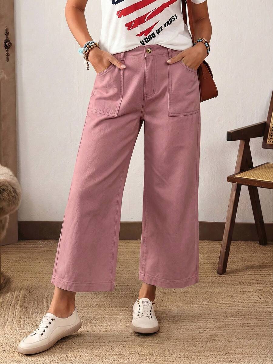 EMERY ROSE Plus Size Women Loose Straight Leg Jeans With Pockets, Casual Nine-Minute Pants Holiday Dusty Pink Summer - Dusty Pink - View 1