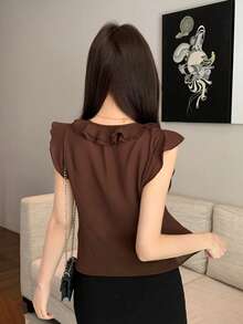 Joudiya Áo kiểu nữ màu trơn tay ngắn, bèo nhún, thắt nơ phía trước. - màu nâu - Xem 4