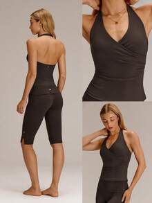 GLOWMODE Áo tank top FeatherFit™ thoáng khí, nhẹ, dài đến eo, có lưới bên hông, kiểu dây buộc chéo nâng ngực và mút độn chống trượt có thể tháo rời, thích hợp cho tập yoga, pilates và mặc hàng ngày. - màu nâu - Xem 8