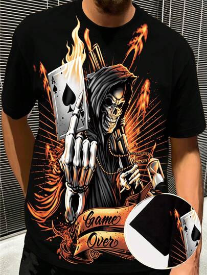Fenqiro Men's Black Flame Skull Poker Card Dark Style Round Neck T-Shirt