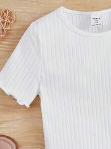 SHEIN 女童夏季休闲度假通勤纯色罗纹荷叶边短袖T恤和碎花短裤套装 - 粉色 - 查看 4