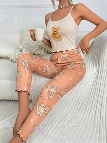 Softscene 女士夏季趣味泰迪熊印花荷叶边吊带背心和裤子睡衣套装 - 彩色 - 查看 5