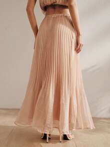 Anewsta Solid Color Elastic Waist Long Pleated Elegant Sequin Skirt, Summer Vacation Red - Champagne - View 4