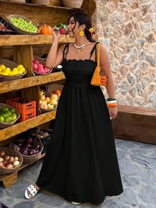Vestido largo de unicolor sin mangas con cuello cuadrado de encaje jacquard, elegante y casual para vacaciones, tallas grandes, primavera/verano - Negro - Ver 7