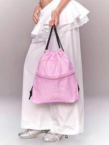 ROMWE Anime Y2K Star Printing Contrasting Color Lace Trim Transparent Zipper Pocket Large Capacity Multi-Functional Pink Drawstring Backpack, Cute Animation Style, Suitable For School, Commuting, Daily Leisure Use, Very Cute - Pink star - View 7