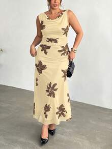 Firerie Vestido de vacaciones con estampado floral elegante, sin mangas, ajustado y con dobladillo de sirena para mujer de talla grande - Albaricoque - Ver 8