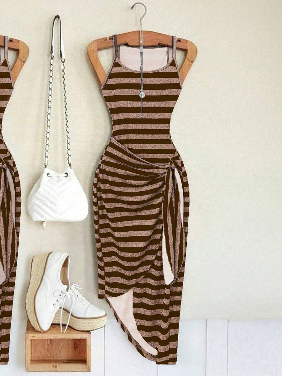 Calvaya Plus Size Women Crew Neck Sleeveless Striped Tie-Waist Bodycon Knit Dress - Mocha Brown - View 1