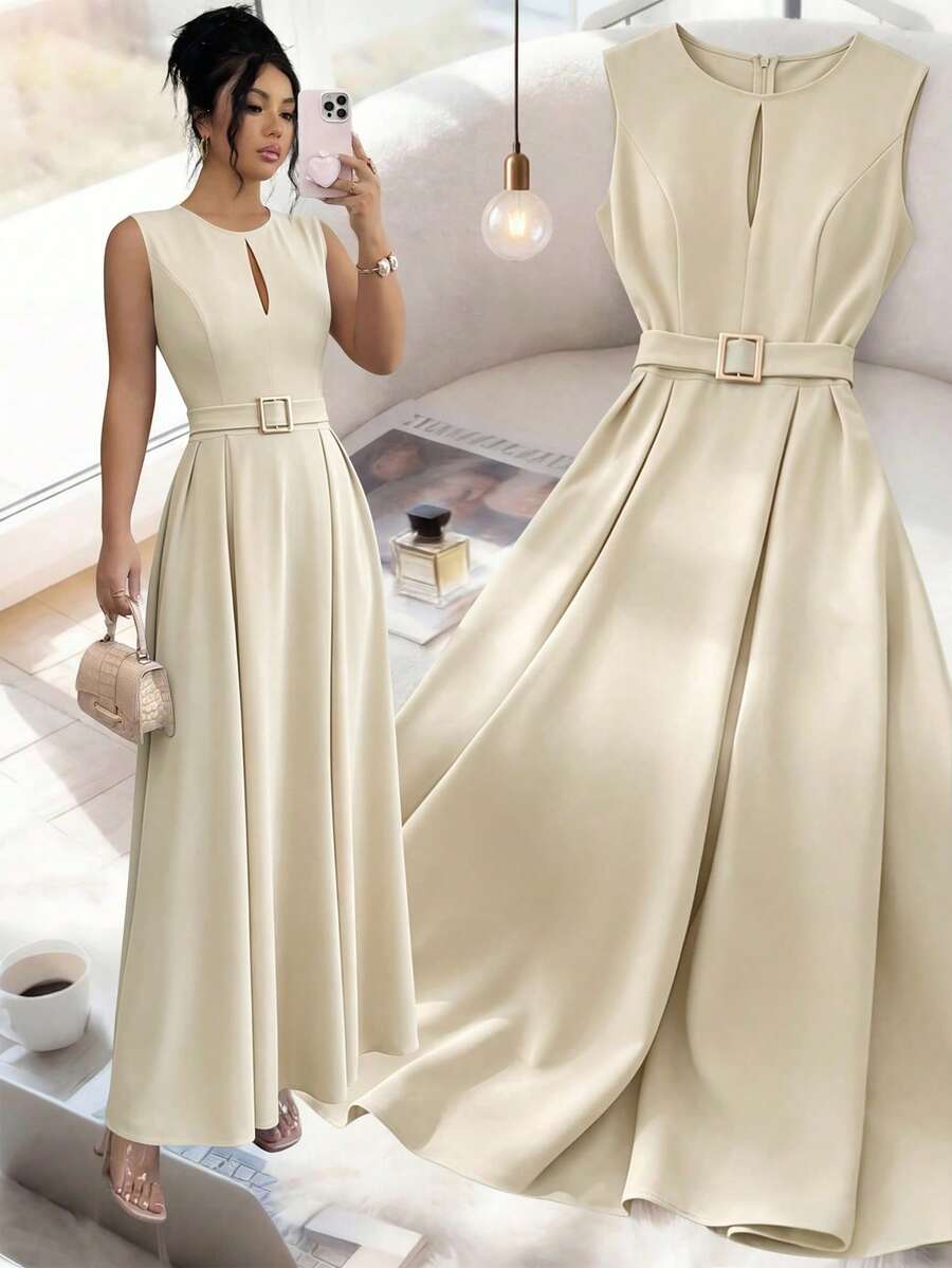 Elenzga Đầm nữ thanh lịch, lãng mạn, không tay, dáng suông, thoải mái - Màu be - Xem 1