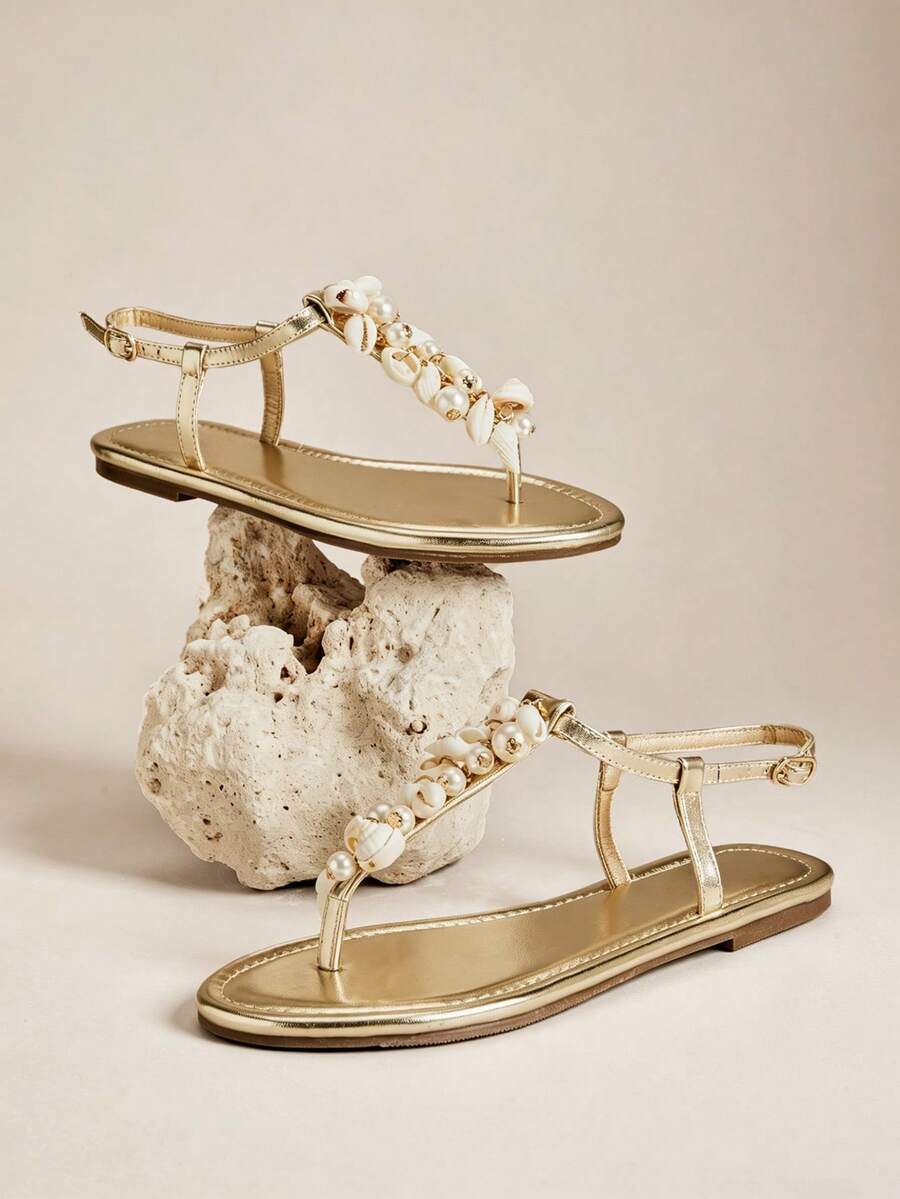 SHUZIA Women's Flat Thong Sandals For Vacation And Daily Wear - Gold - View 1