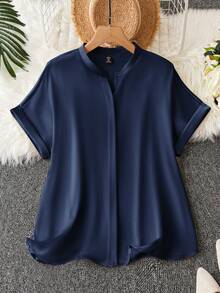 SHEIN Clasi 大码女式夏季休闲度假日常通勤简约纯色V领蝙蝠袖宽松衬衫 - 藏蓝色 - 查看 1