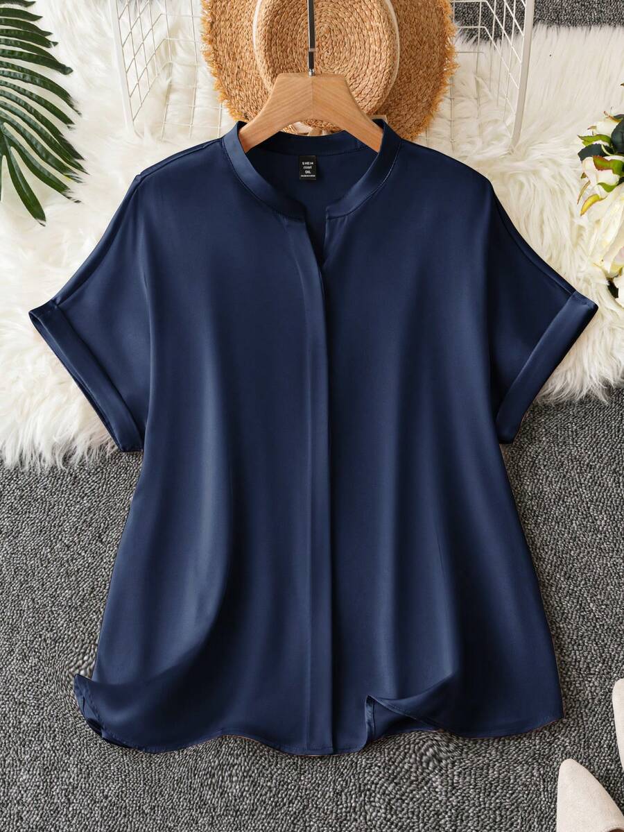 SHEIN Clasi 大码女式夏季休闲度假日常通勤简约纯色V领蝙蝠袖宽松衬衫 - 藏蓝色 - 查看 1
