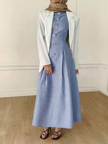 Solavon Vestido plisado sin mangas con decoración de hebilla de metal y estampado de rayas, estilo elegante de vacaciones para el verano - Azul - Ver 3