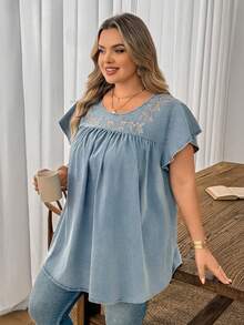 SHEIN CURVE+ Áo sơ mi nữ cỡ lớn đã qua xử lý, áo sơ mi thêu, áo sơ mi nữ thường ngày tay bèo, áo kiểu thường ngày mùa xuân hè, áo đi nghỉ mát cho nữ, áo mùa hè. - Màu xanh lam - Xem 7