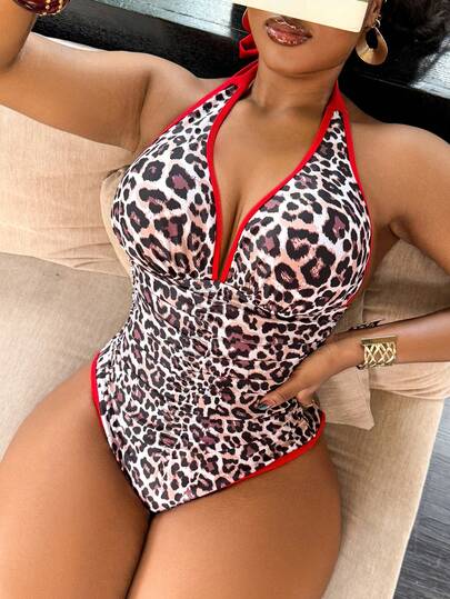 Swim SXY Plus Size Women's Random Leopard Print One-Piece Swimsuit, Fashionable & Casual
