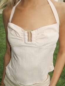 Sydney Algeri Women's Casual Simple Solid Color Pleated Halter Neck Blouse, Summer - Baby Pink - View 4