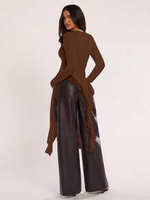 SHEIN BAE Women's Solid Color Ruffle Hem Fitted Casual Long Sleeve Top - Brown - View 2