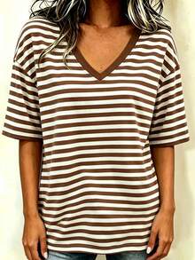 EMERY ROSE Women's Casual Vacation Commute Loose Fit V-Neck Contrast Stripe Print T-Shirt, Summer Travel Brown Striped - Multicolor - View 4