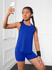 SHEIN Tween Girls' Solid Color Minimalist Sleeveless Knit Set - Blue - View 3