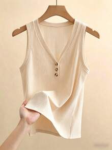INAWLY Summer Solid Color V-Neck Button Decor Casual Tank Top - Apricot - View 3