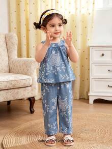 SHEIN Vintaside Kids Bộ áo không tay và quần ống rộng in hoa màu xanh dương cho bé gái, thích hợp cho các hoạt động hàng ngày, dã ngoại gia đình, kỳ nghỉ và các buổi tụ họp. - Màu xanh lam - Xem 4