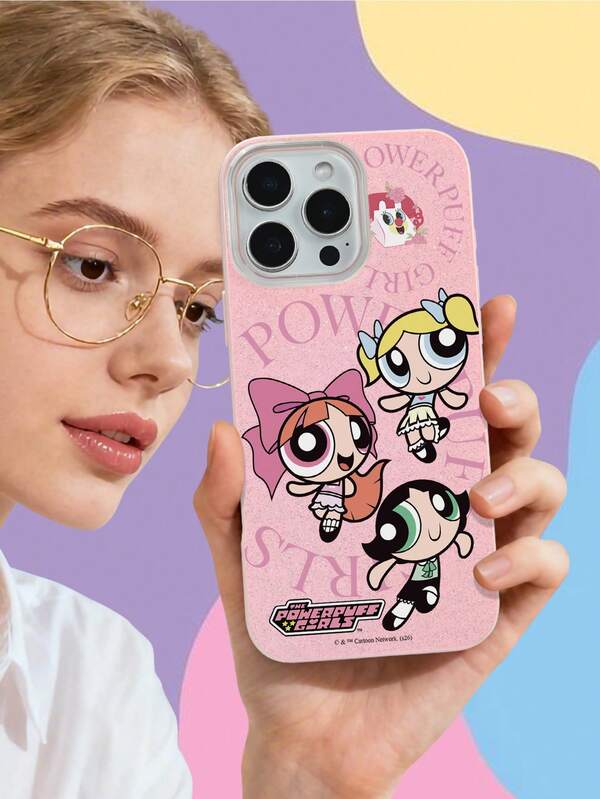 THE POWERPUFF GIRLS X SHEIN 1个飞天小女警闪亮手机壳，创意可爱俏皮风格，亮粉色全包软壳，大开口设计，防尘防水，兼容iPhone 16/15/14/13/12/11/Pro/Pro Max/X/XR/XS/XS Max/7/8/Plus